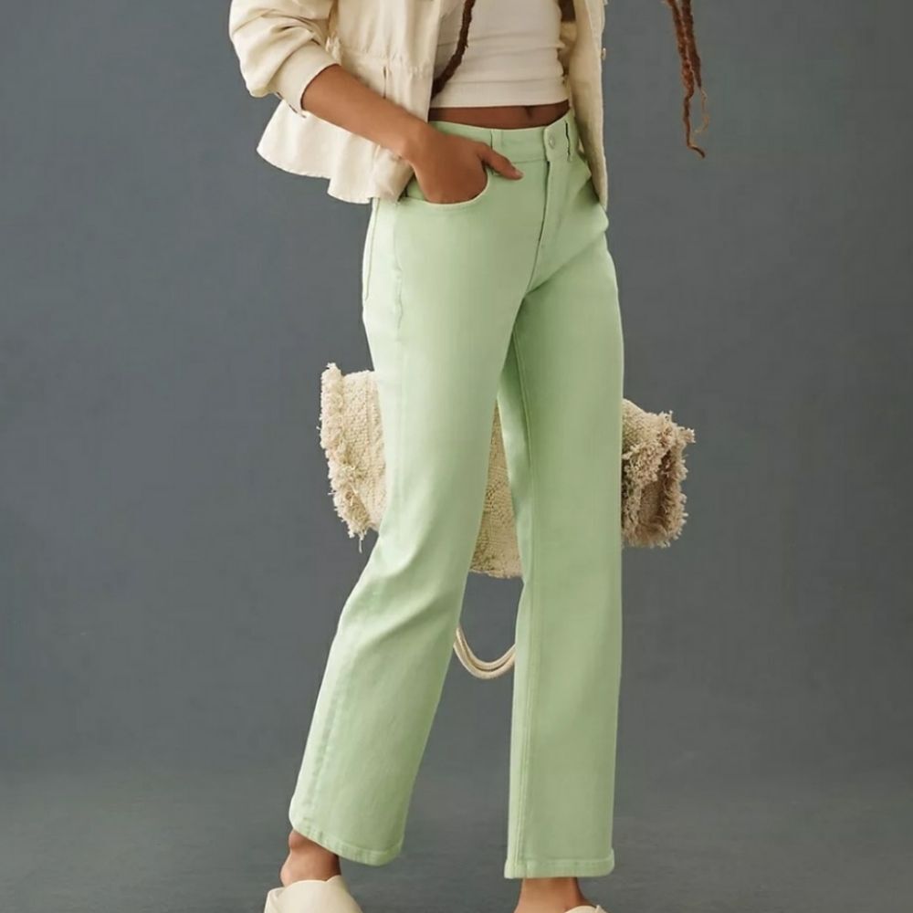 Pilcro The Yaya Mid-Rise Cropped Flare Jeans in Soft Aloe Green Women's Size 32